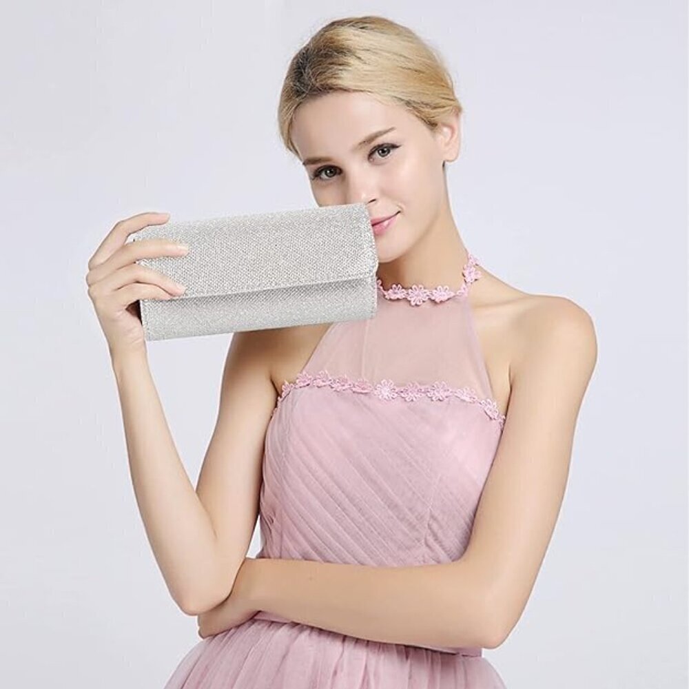 𝅺CLUTCH Sparkling Envelope Silver Textured Handbag Shoulder Chain NIB - Picture 5 of 14